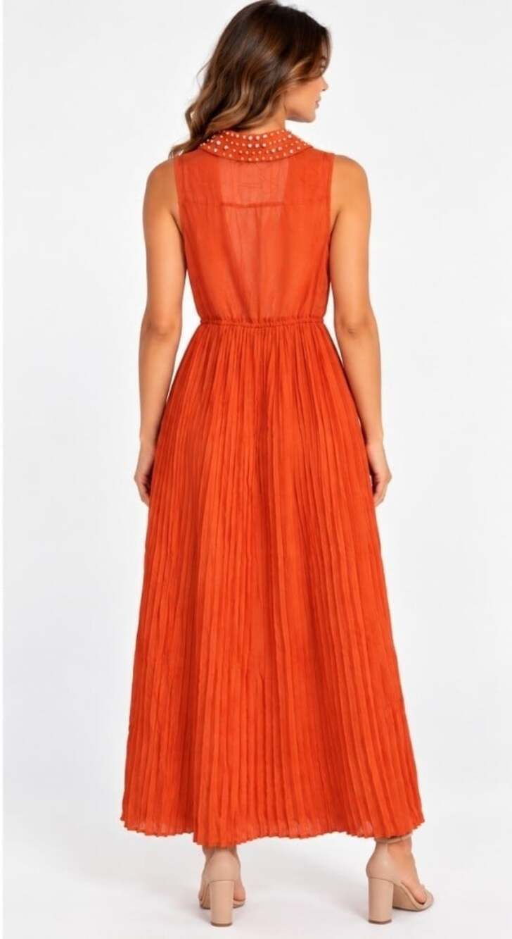 Angie Burnt Orange Maxi Dress Pleated Skirt Studded Collar Boho Small NWT T100 - Picture 2 of 7